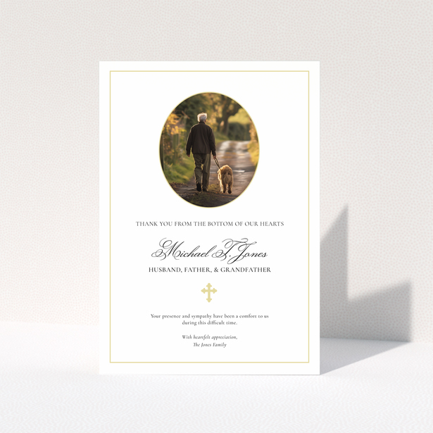 Elegant funeral thank you card design with gold border and one photo.