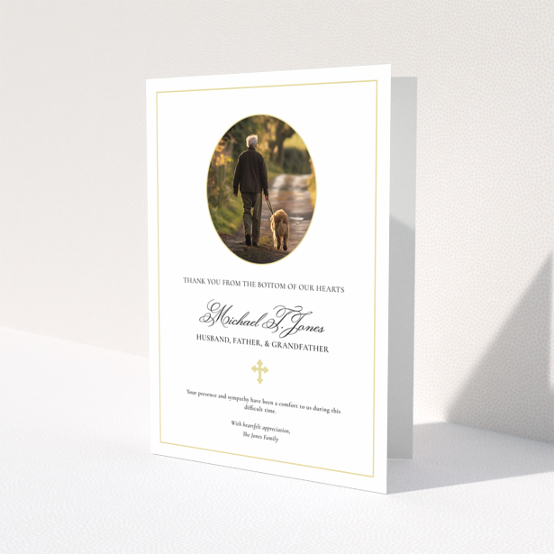 Elegant funeral thank you card design with gold border and one photo.