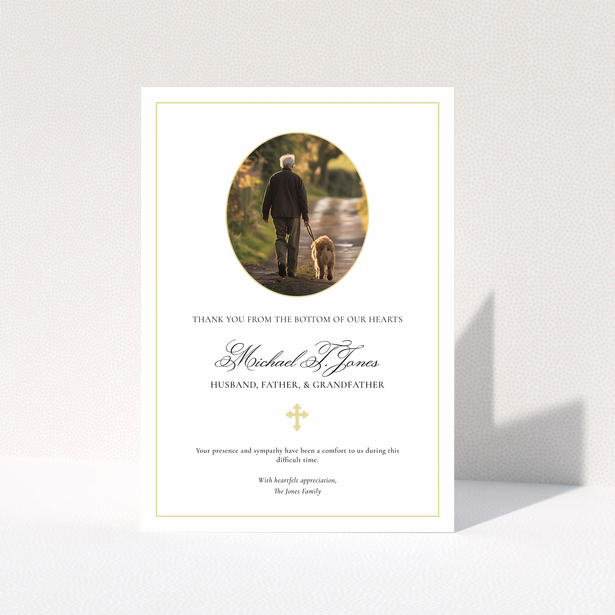 Elegant funeral thank you card design with gold border and one photo.