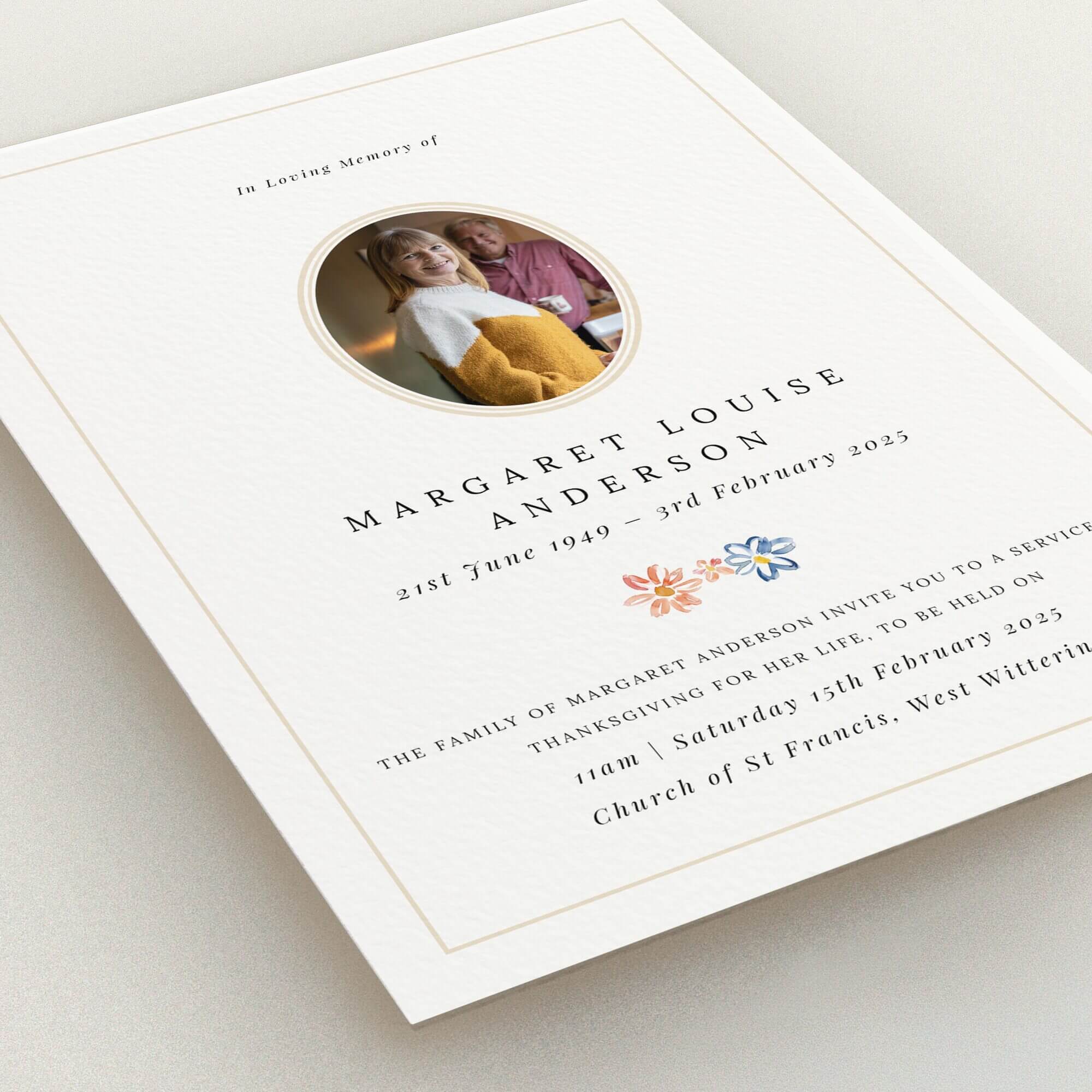 Funeral announcement design with one photo and floral embellishments