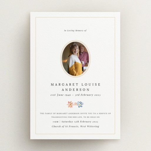 Funeral announcement design with one photo and floral embellishments