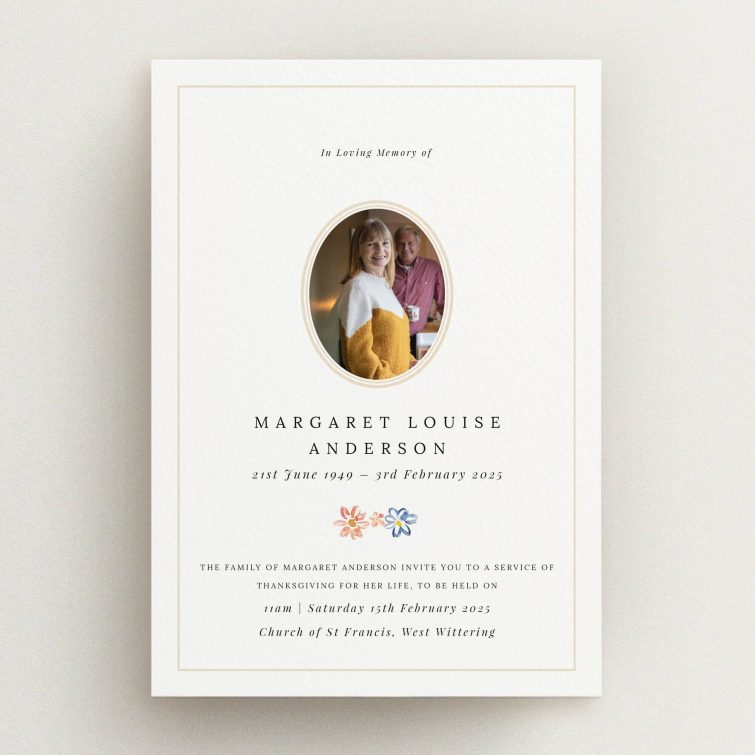 Funeral announcement design with one photo and floral embellishments