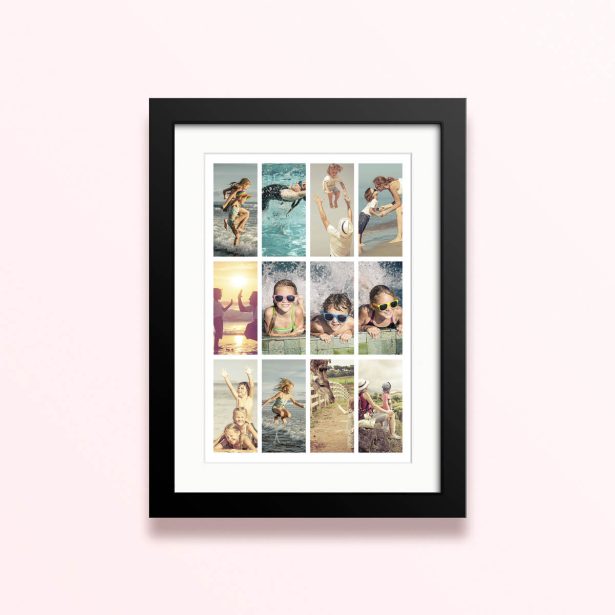 Framed and mounted photo print with twelve photos.