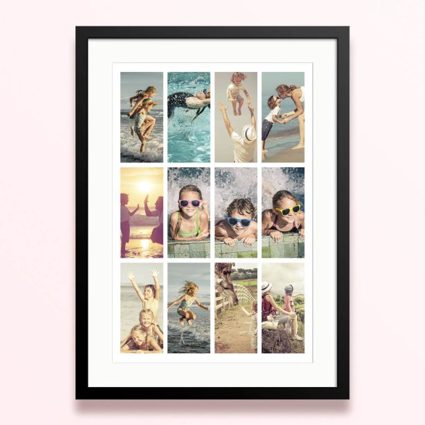 Framed and mounted photo print with twelve photos.