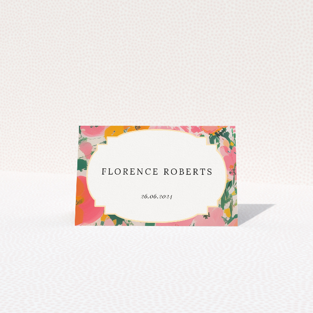 Summer Garden Party place cards table template - lively floral theme in vivid pinks, corals, and greens with classic white space for event details and botanical prints for joyful yet sophisticated tone. This is a view of the front