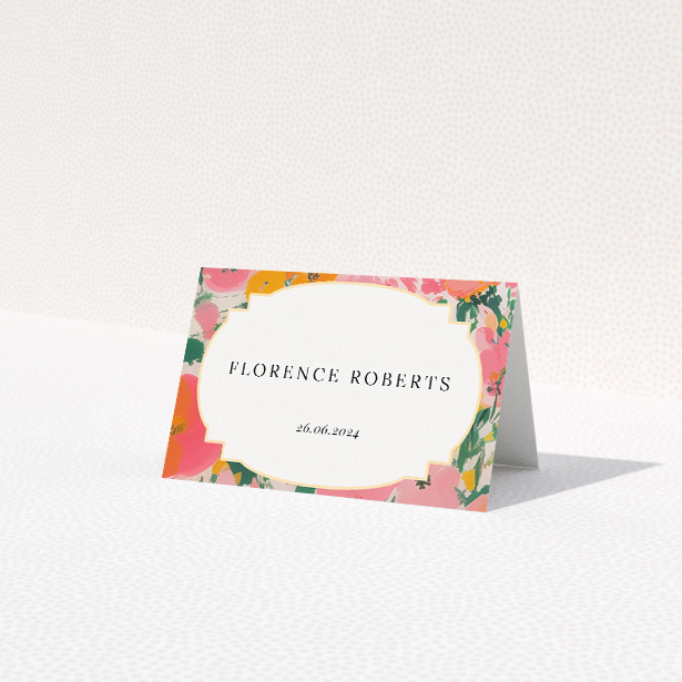Summer Garden Party place cards table template - lively floral theme in vivid pinks, corals, and greens with classic white space for event details and botanical prints for joyful yet sophisticated tone. This is a third view of the front