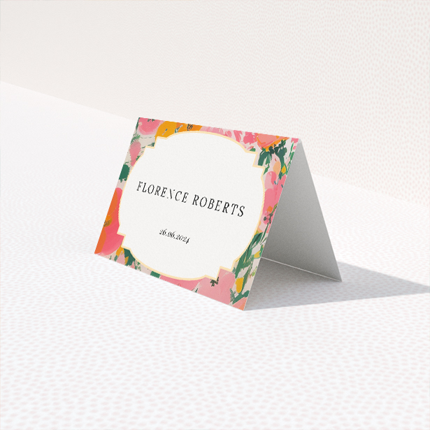 Summer Garden Party place cards table template - lively floral theme in vivid pinks, corals, and greens with classic white space for event details and botanical prints for joyful yet sophisticated tone. This is a third view of the front