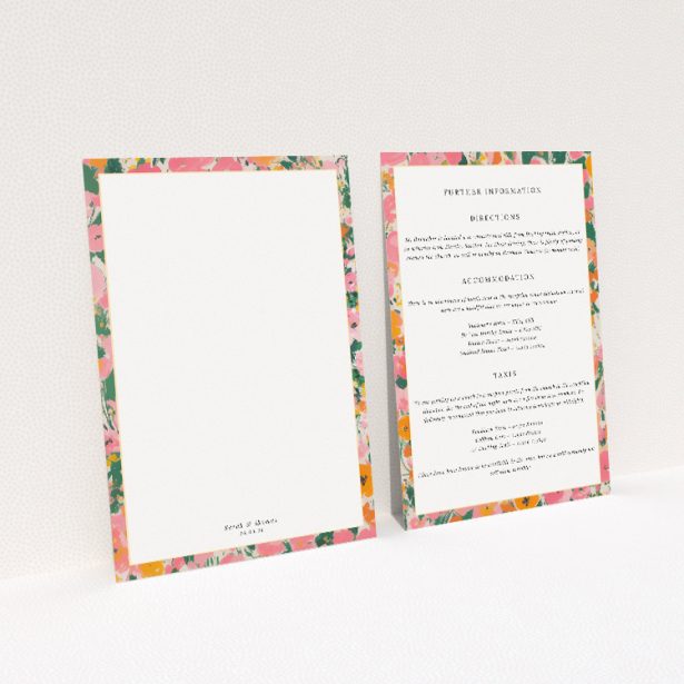 Summer Garden Party suite information insert card with vibrant floral pattern and classic white space for event details This image shows the front and back sides together