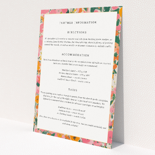 Summer Garden Party suite information insert card with vibrant floral pattern and classic white space for event details This is a view of the front