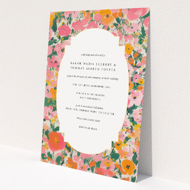 Summer Garden Party wedding invitation design adorned with lush floral pattern in vivid pinks, corals, and greens, capturing the essence of a joyous celebration in the great outdoors, perfect for couples seeking a lively yet sophisticated tone for their special day This is a view of the front
