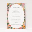 Summer Garden Party wedding menu template with vibrant floral patterns in pinks, corals, and greens, set against a classic white background, evoking the charm of an English garden in full bloom This is a view of the front