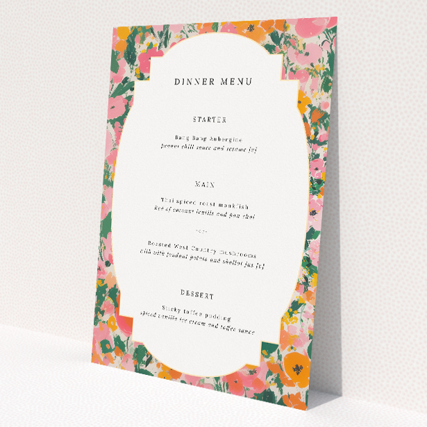 Summer Garden Party wedding menu template with vibrant floral patterns in pinks, corals, and greens, set against a classic white background, evoking the charm of an English garden in full bloom This is a view of the front