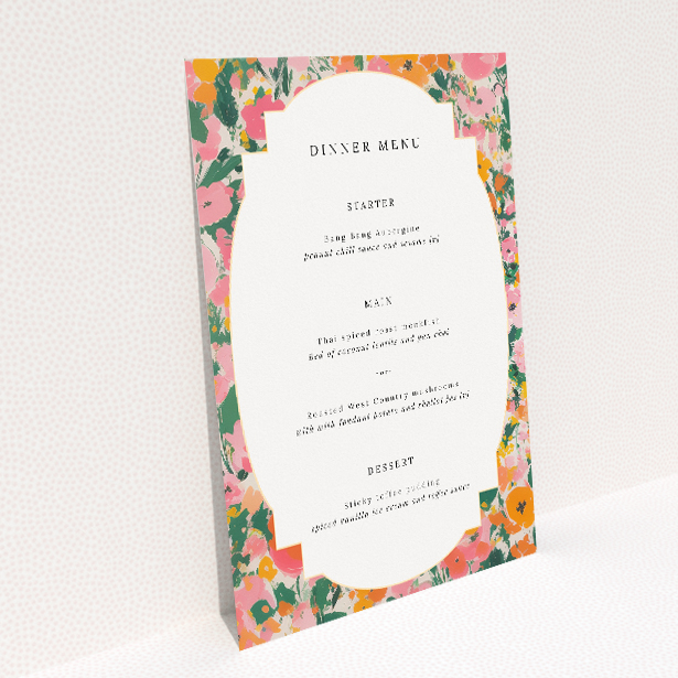 Summer Garden Party wedding menu template with vibrant floral patterns in pinks, corals, and greens, set against a classic white background, evoking the charm of an English garden in full bloom This image shows the front and back sides together