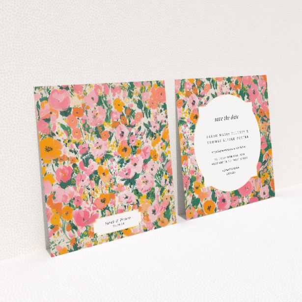 Summer Garden Party wedding save the date card template featuring vibrant English garden floral design. This image shows the front and back sides together