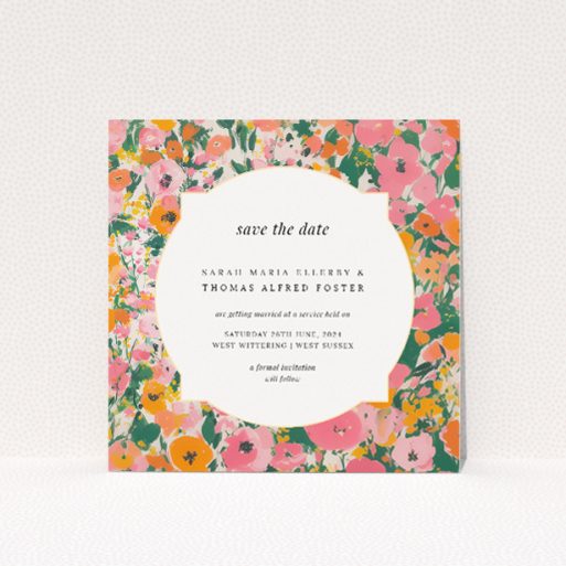 Summer Garden Party wedding save the date card template featuring vibrant English garden floral design. This is a view of the front