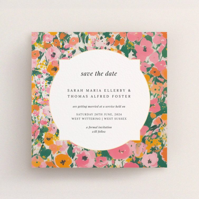 Summer Garden Party wedding save the date card template featuring vibrant English garden floral design. This is a view of the front