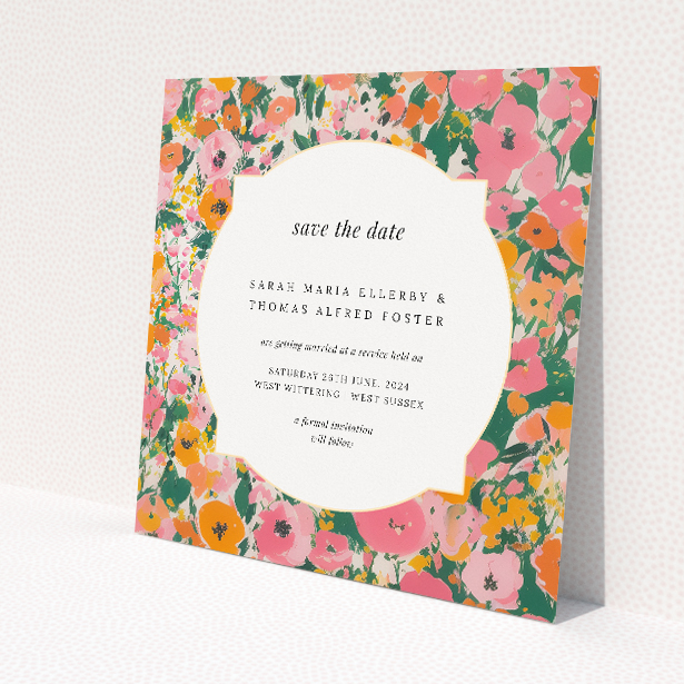 Summer Garden Party wedding save the date card template featuring vibrant English garden floral design. This is a view of the front