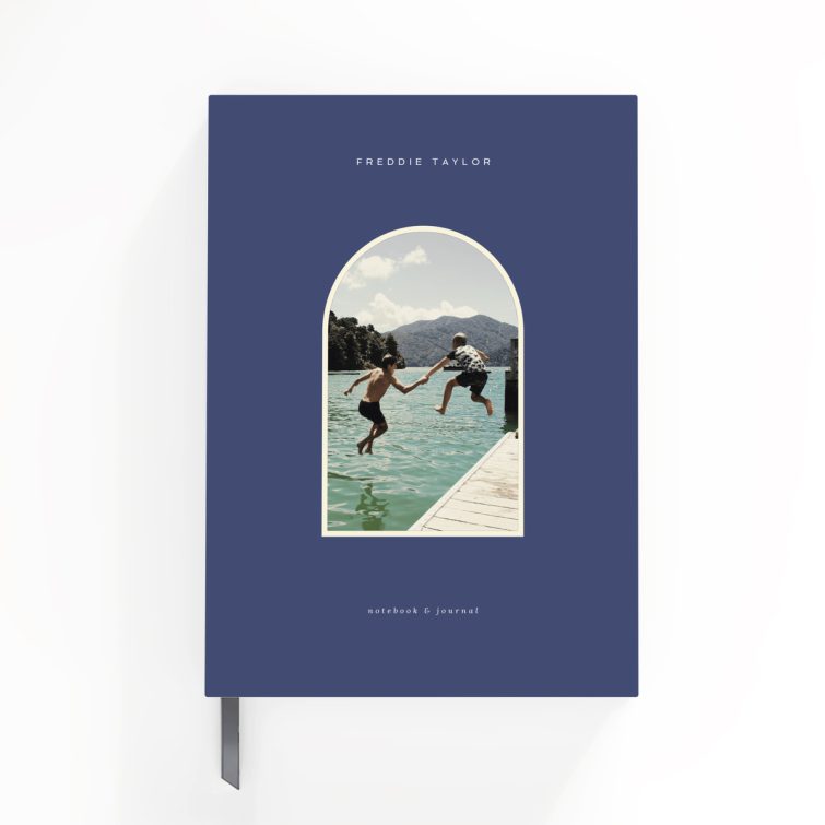 Customisable blue notebook cover design with one photo for personalised stationery by Utterly Printable.