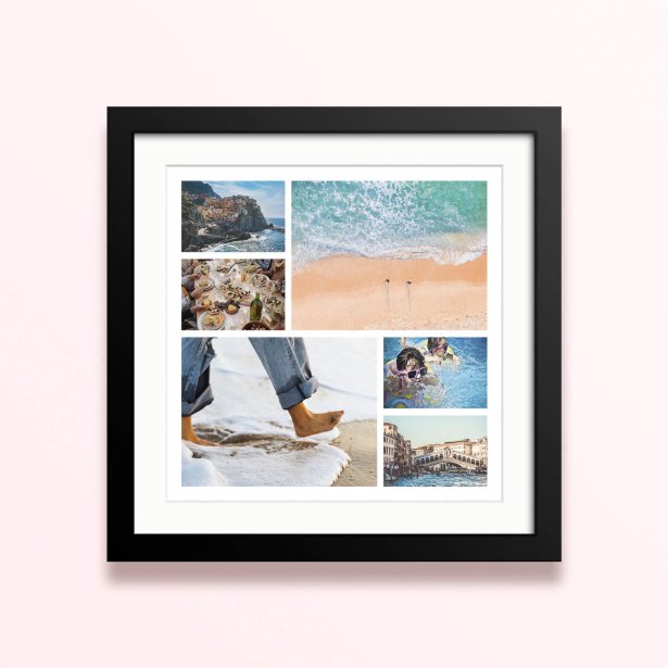 Framed and mounted photo print with six images for personalised wall art.