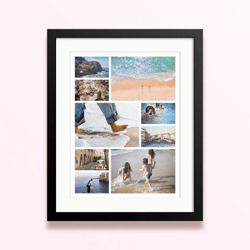 Framed and mounted photo print with six images for personalised wall art.