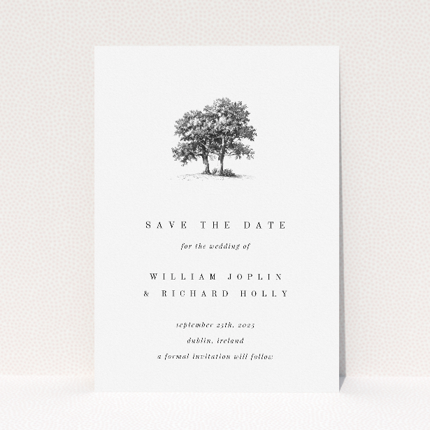 Summer Shade A6 Save the Date Card - Wedding stationery featuring sketched solitary tree symbolizing enduring strength and growth in a summer romance theme This is a view of the front