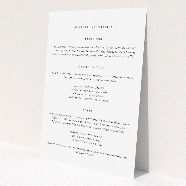 'Summer Shade wedding information insert card featuring understated elegance and natural serenity, complementing the invitation's tranquil aesthetic, ideal for captivating guests with its graceful charm.'. This is a view of the front
