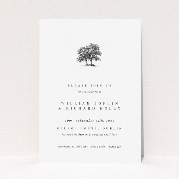 Summer Shade wedding invitation with soft, neutral colour palette and delicate illustration of a lone tree, symbolizing growth and enduring strength This is a view of the front