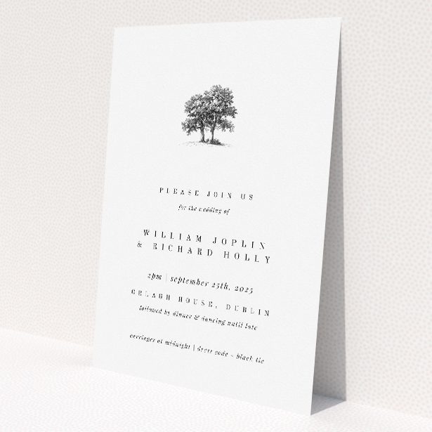 Summer Shade wedding invitation with soft, neutral colour palette and delicate illustration of a lone tree, symbolizing growth and enduring strength This image shows the front and back sides together