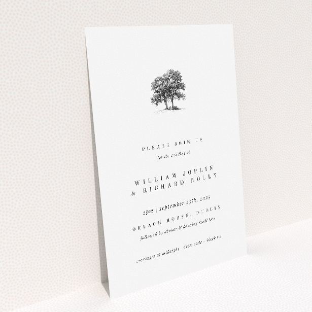Summer Shade wedding invitation with soft, neutral colour palette and delicate illustration of a lone tree, symbolizing growth and enduring strength This image shows the front and back sides together