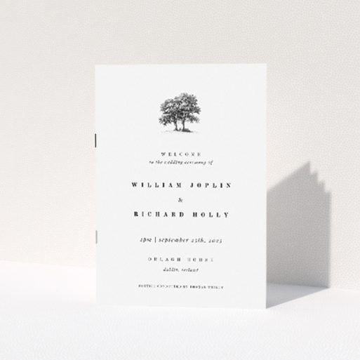 Serene and elegant 'Summer Shade' Wedding Order of Service A5 booklet design featuring a tranquil illustration of a solitary tree symbolising growth and stability This is a view of the front