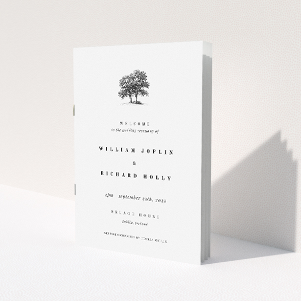 Serene and elegant 'Summer Shade' Wedding Order of Service A5 booklet design featuring a tranquil illustration of a solitary tree symbolising growth and stability This is a view of the front