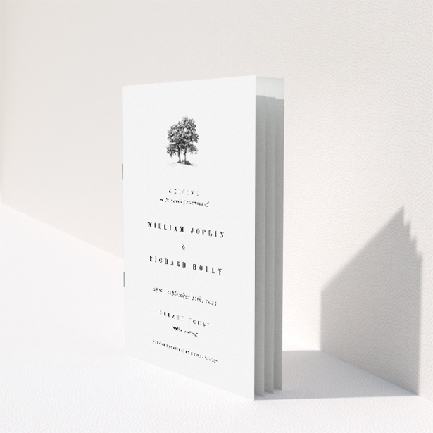 Serene and elegant 'Summer Shade' Wedding Order of Service A5 booklet design featuring a tranquil illustration of a solitary tree symbolising growth and stability This image shows the front and back sides together