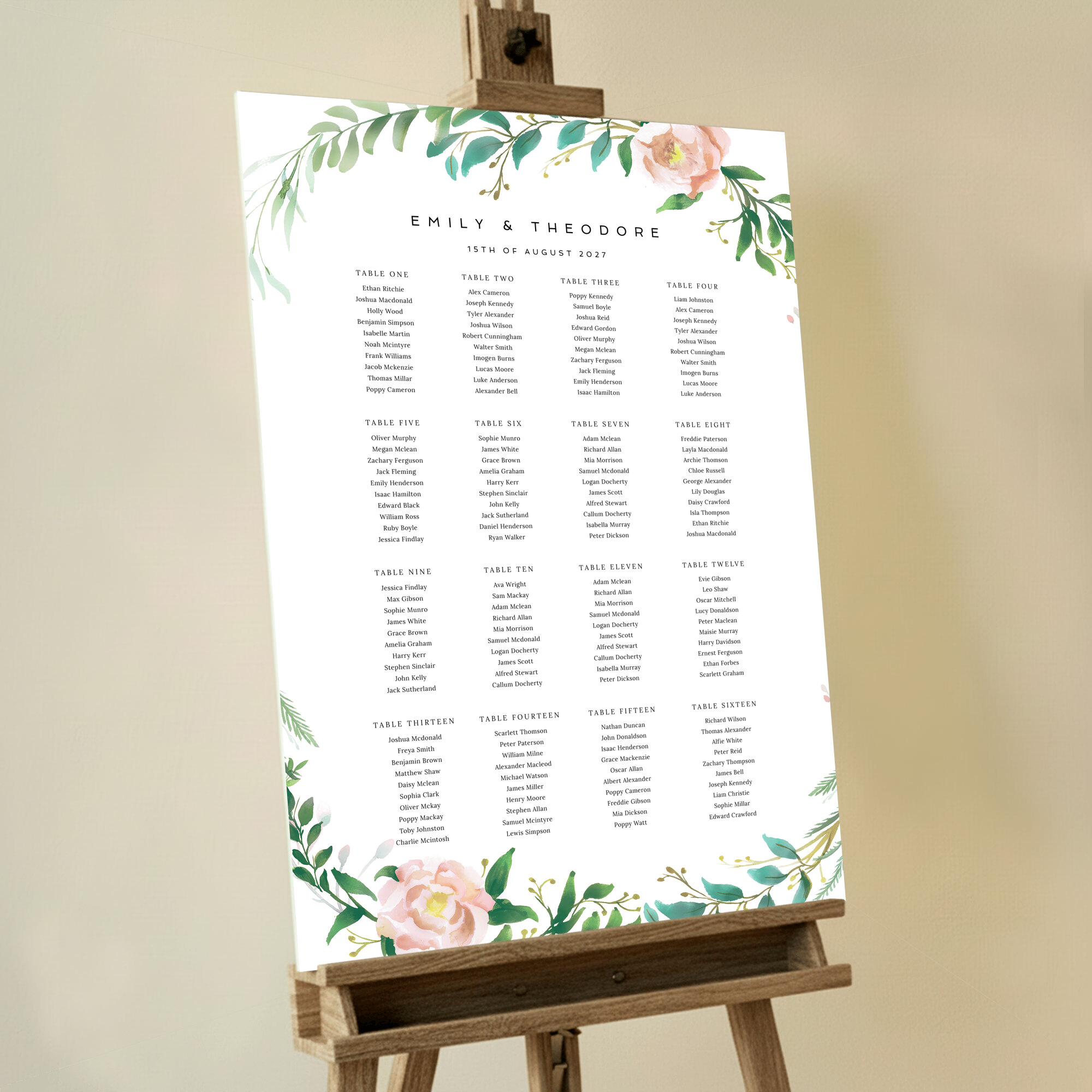 Vibrant 'Summer Wreath Portrait' Seating Plan design showcasing a beautiful painted wreath at both the top and bottom, composed of green and blue leaves and pink and yellow roses, capturing the essence of a bright and joyous summer event.. This one has 16 tables.