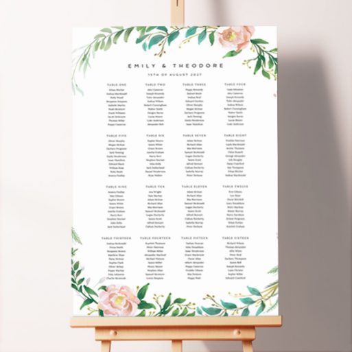 Vibrant "Summer Wreath Portrait" Seating Plan design showcasing a beautiful painted wreath at both the top and bottom, composed of green and blue leaves and pink and yellow roses, capturing the essence of a bright and joyous summer event.. This one has 16 tables.