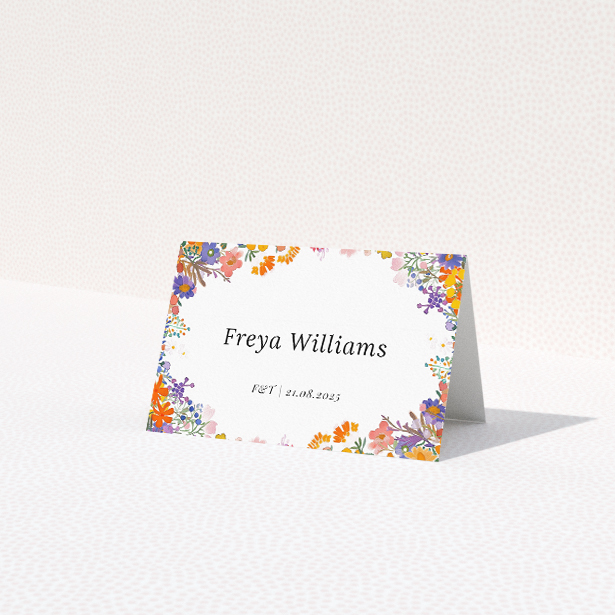 Summerfield Bloom place cards featuring wildflowers in full bloom with bright yellows, deep blues, and vivid oranges. This is a view of the front