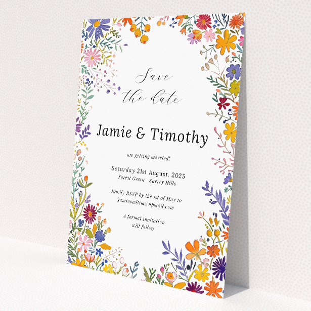 Summerfield Bloom Save the Date card - A6 portrait-oriented design with vibrant meadow flowers encircling a central white text area, evoking the essence of summer joy This is a view of the front