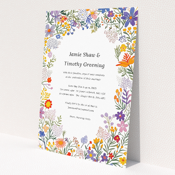 Summerfield Bloom Wedding Invitation - Vibrant Wildflower Frame. This image shows the front and back sides together