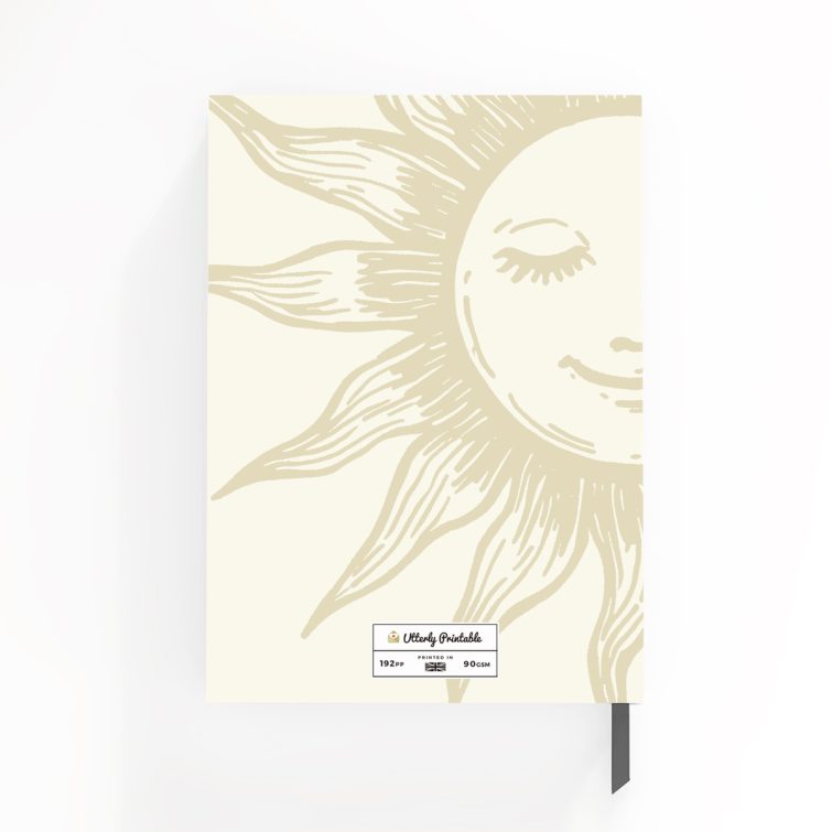 Portrait orientation notebook design featuring a sun illustration and one photo placeholder, ideal for personalised printing.