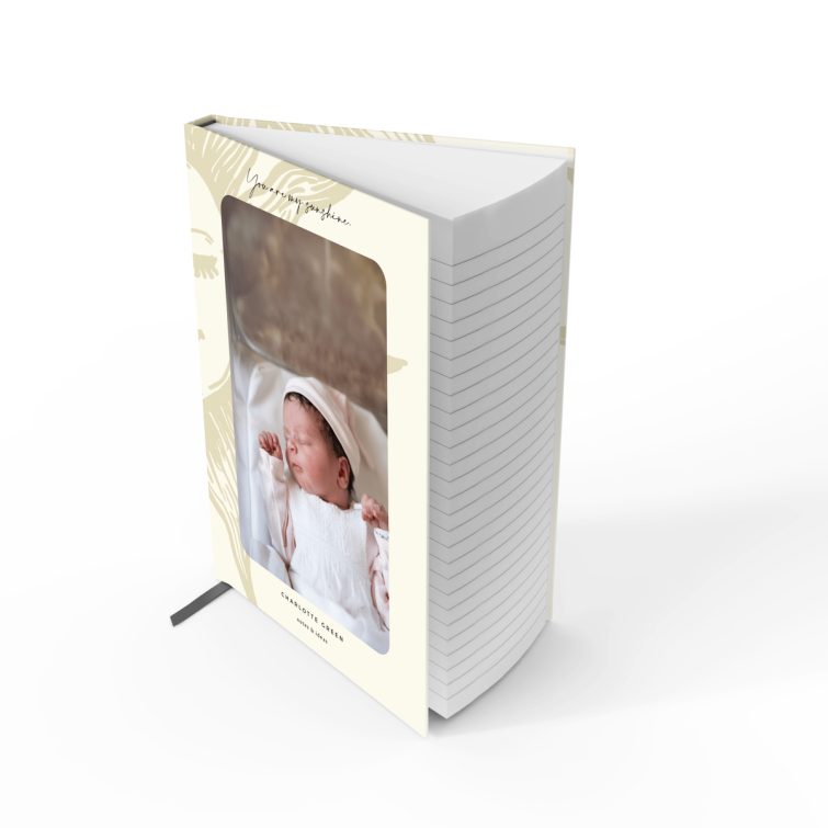 Portrait orientation notebook design featuring a sun illustration and one photo placeholder, ideal for personalised printing.