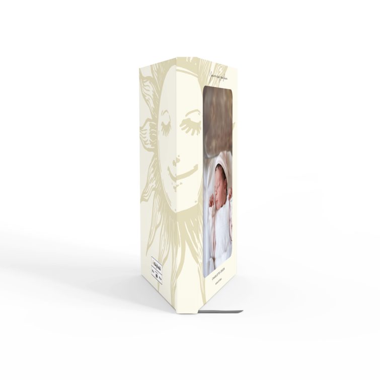 Portrait orientation notebook design featuring a sun illustration and one photo placeholder, ideal for personalised printing.