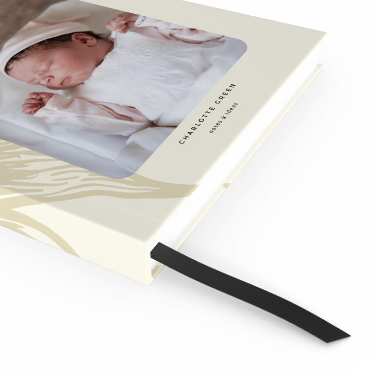 Portrait orientation notebook design featuring a sun illustration and one photo placeholder, ideal for personalised printing.