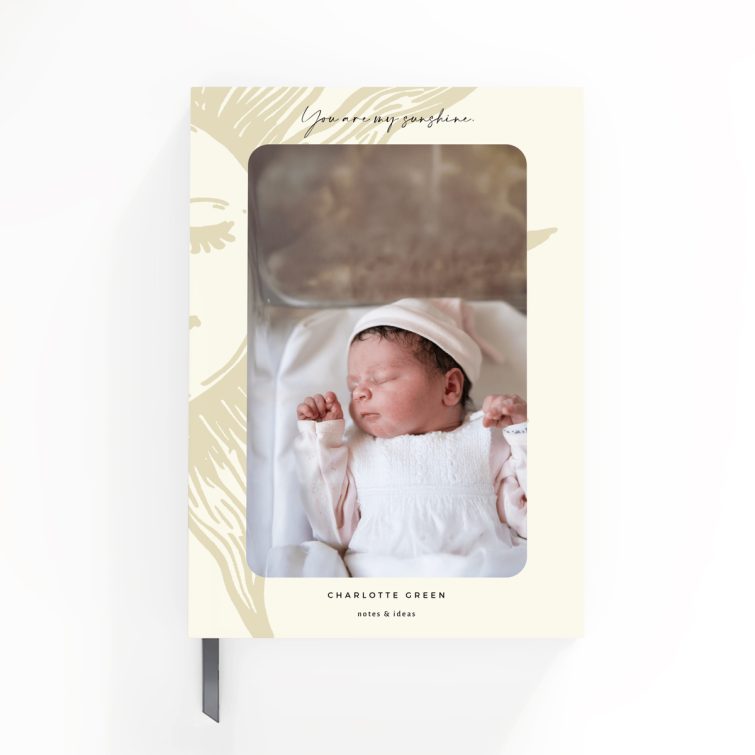 Portrait orientation notebook design featuring a sun illustration and one photo placeholder, ideal for personalised printing.