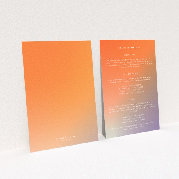 Sundown Warmth wedding information insert card with radiant gradient from peach to amber, embodying modern sophistication. This image shows the front and back sides together