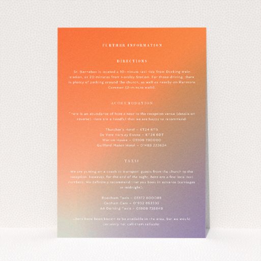 Sundown Warmth wedding information insert card with radiant gradient from peach to amber, embodying modern sophistication. This is a view of the front