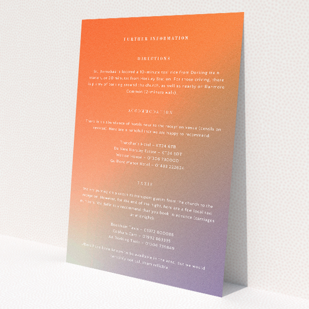 Sundown Warmth wedding information insert card with radiant gradient from peach to amber, embodying modern sophistication. This is a view of the front