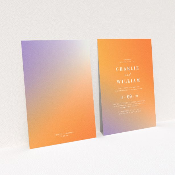 "Sundown Warmth" A5 wedding invitation with radiant sunset gradient in peach and warm amber hues. This image shows the front and back sides together