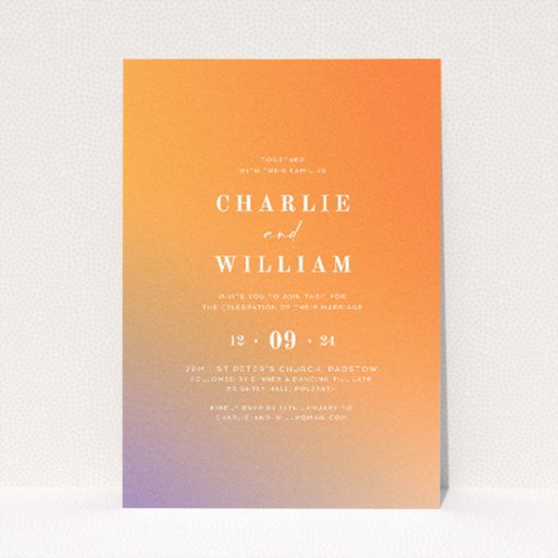 "Sundown Warmth" A5 wedding invitation with radiant sunset gradient in peach and warm amber hues. This is a view of the front