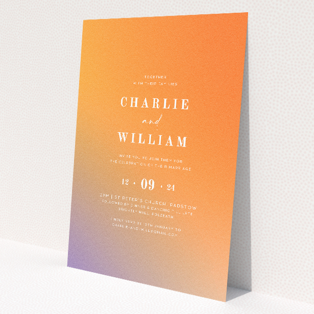 'Sundown Warmth' A5 wedding invitation with radiant sunset gradient in peach and warm amber hues. This is a view of the front