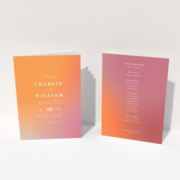 "Sundown Warmth wedding order of service booklet featuring gentle radiance of a setting sun with soft peach to soothing coral gradient, ideal for contemporary weddings and memorable keepsakes.". This image shows the front and back sides together
