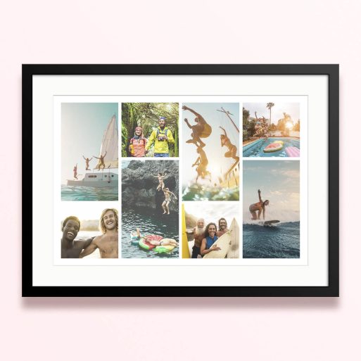 Framed and mounted photo print collage with nine photos.